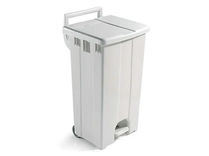 Poubelle à pédale 2 roues en plastique 510 x 470 x 930 mm 90 litres blanche