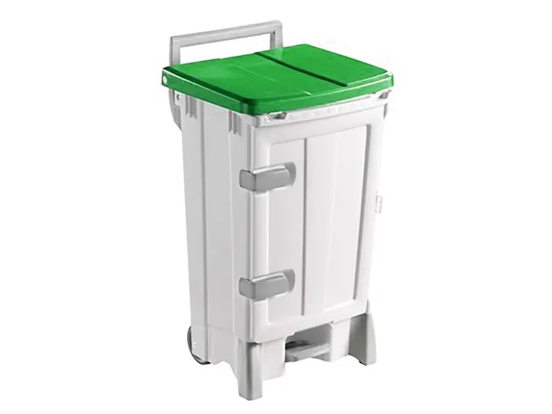 Poubelle à pédale en plastique avec porte, mobile, 90 l, blanc/vert
