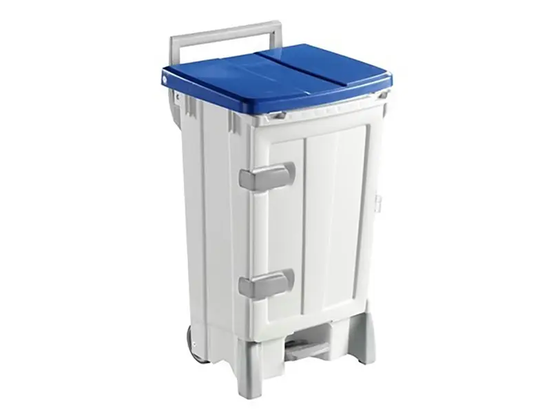 Plastic pedal bin with door, mobile, 90 l, white/blue