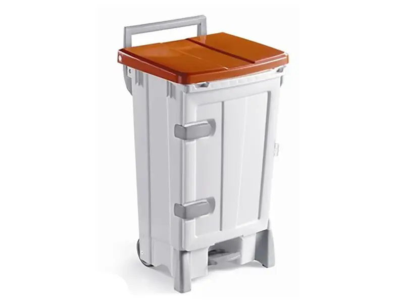 Kunststof pedaalemmer met deur verrijdbaar 90 l wit/rood