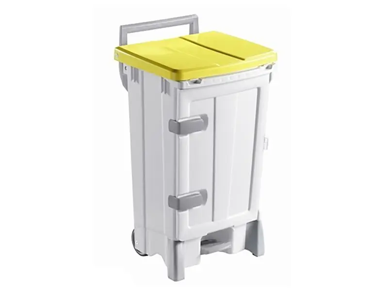 Plastic pedal bin with door, mobile, 90 l, white/yellow