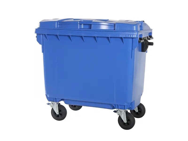 Plastic waste container 660 liters with four wheels blue