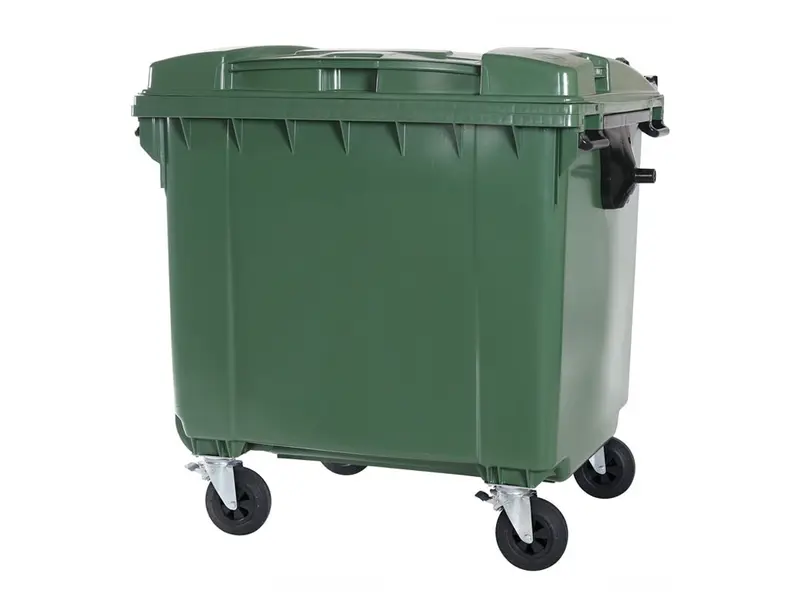 Plastic waste container 1100 liters flat lid with four wheels green