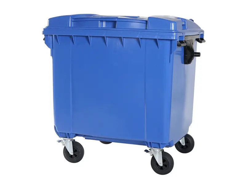 Plastic waste container 1100 liters flat lid with four wheels blue