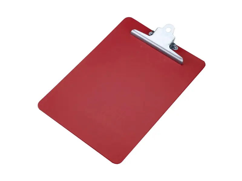 Porte-bloc rouge en polypropylène A4 portrait avec pince robuste en acier inoxydable