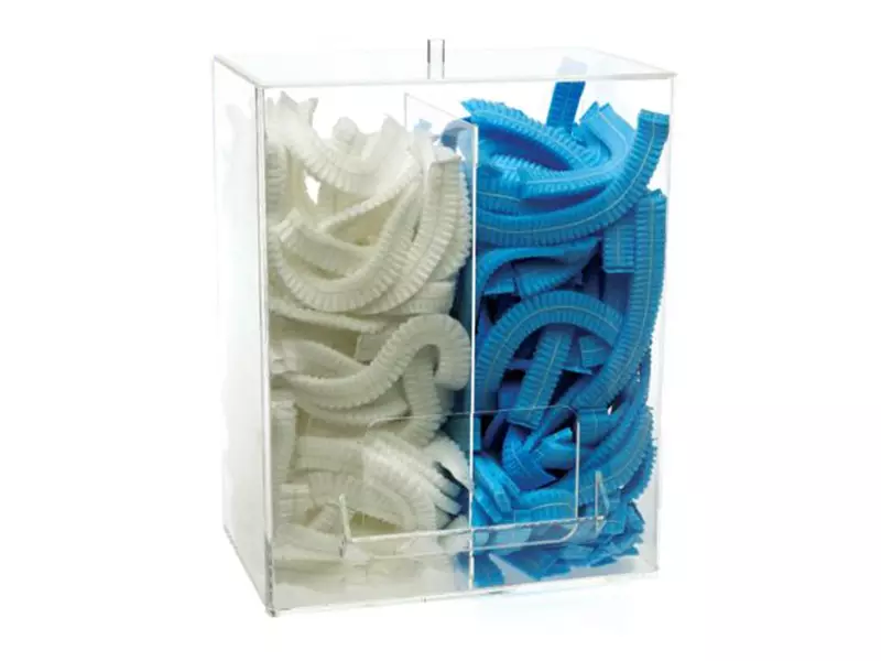 Transparent acrylic dispenser with 2 compartments for disposable hairnets