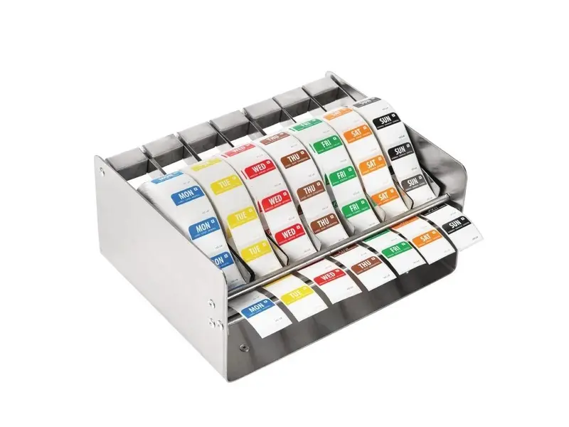 Stainless steel dispenser for weekday stickers