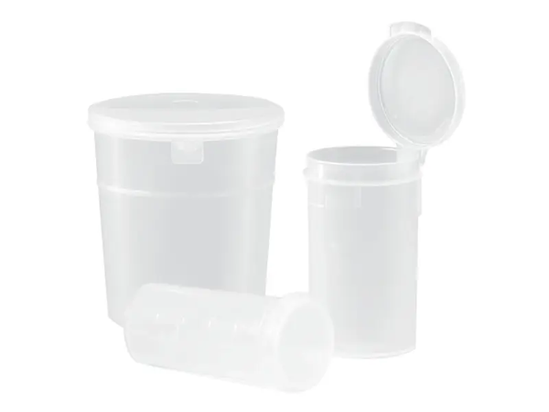 Sterile PP sample jar with hinged lid Ø43x80 mm 90 ml transparent