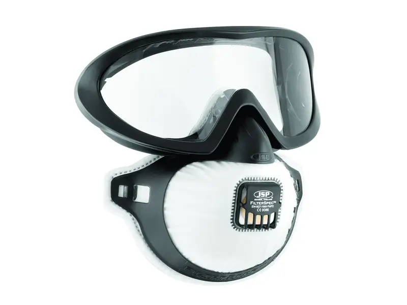 JSP Filterspec PRO stofmasker en overzetbril FFP2 met uitademventiel