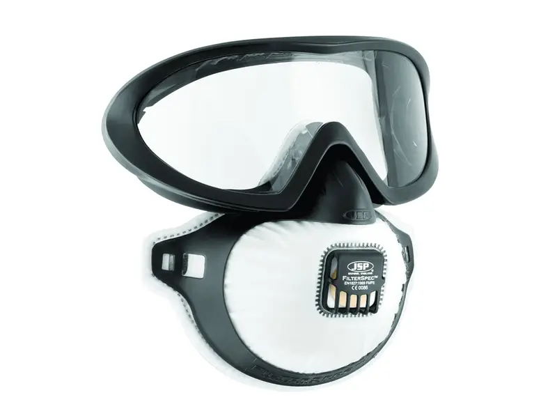 JSP Filterspec PRO dust mask and FFP3 safety glasses with exhalation valve