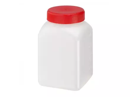 Sample jar square screw cap sterile HDPE 76x76x120 mm DIN60 500 ml red