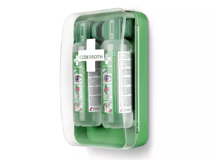 Support mural Cederroth 51011040 fermé avec 2 flacons de solution oculaire de 500 ml