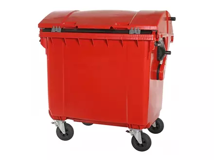 Plastic waste container 1100 liters round lid with four wheels red