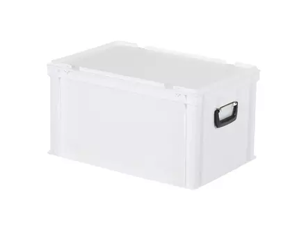 Stacking box with lid and suitcase handle Euronorm 600x400x335 mm 64 liters white