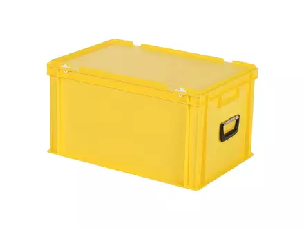 Stacking box with lid and suitcase handle Euronorm 600x400x335 mm 64 liters yellow