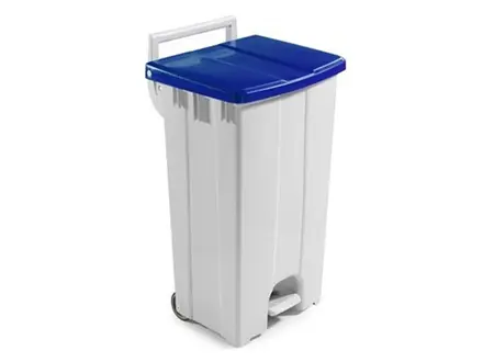 Poubelle à pédale 2 roues en plastique 510 x 470 x 930 mm 90 litres blanc/bleu