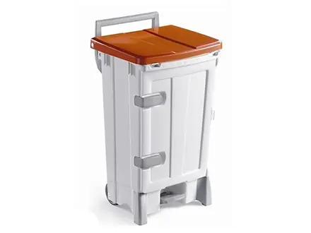 Kunststof pedaalemmer met deur verrijdbaar 90 l wit/rood