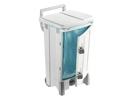 Plastic pedal bin with door, mobile, 90 l, white/white