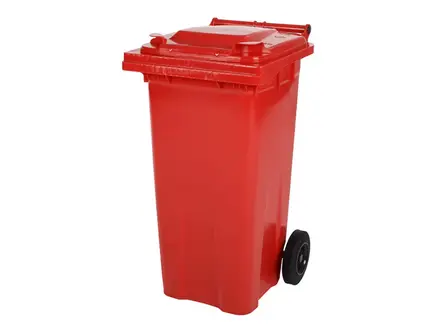 Red plastic waste container 120 liters with two wheels