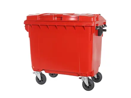 Red plastic waste container 660 liters with four wheels