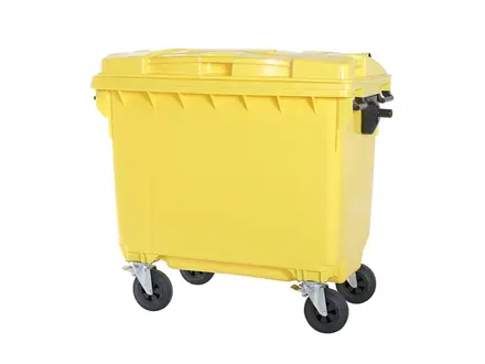 Plastic waste container 660 liters with four wheels yellow