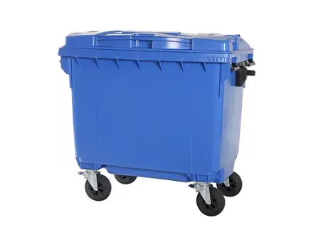 Plastic waste container 660 liters with four wheels blue
