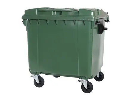 Plastic waste container 1100 liters flat lid with four wheels green