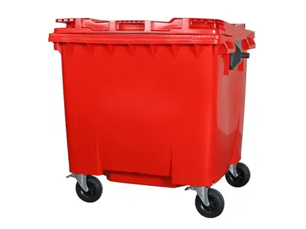 Plastic waste container 1100 liters flat lid with four wheels red