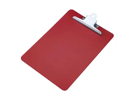 Porte-bloc rouge en polypropylène A4 portrait avec pince robuste en acier inoxydable