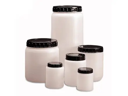 Pot d'échantillon à large col en PEHD avec bouchon à vis et poussoir, 2000 ml, blanc