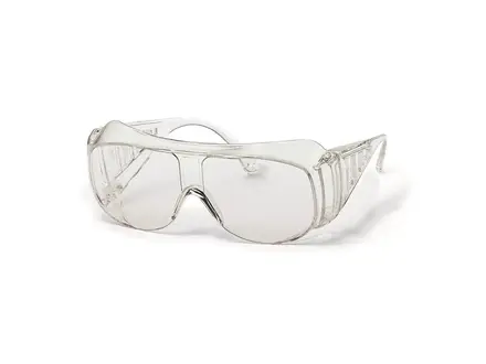 Lunettes de protection Uvex 9161-014 en polycarbonate transparent, à porter par-dessus ses lunettes de vue.