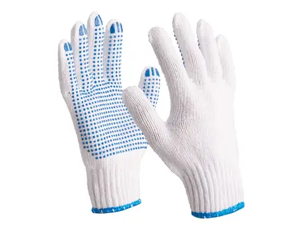 Round knitted glove with blue PVC dots