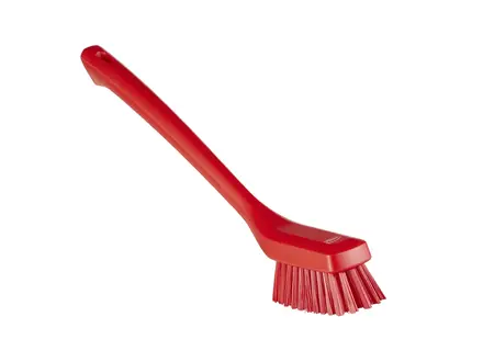 Brosse à vaisselle étroite à long manche, rigide, rouge, référence UK 41854, 420 mm